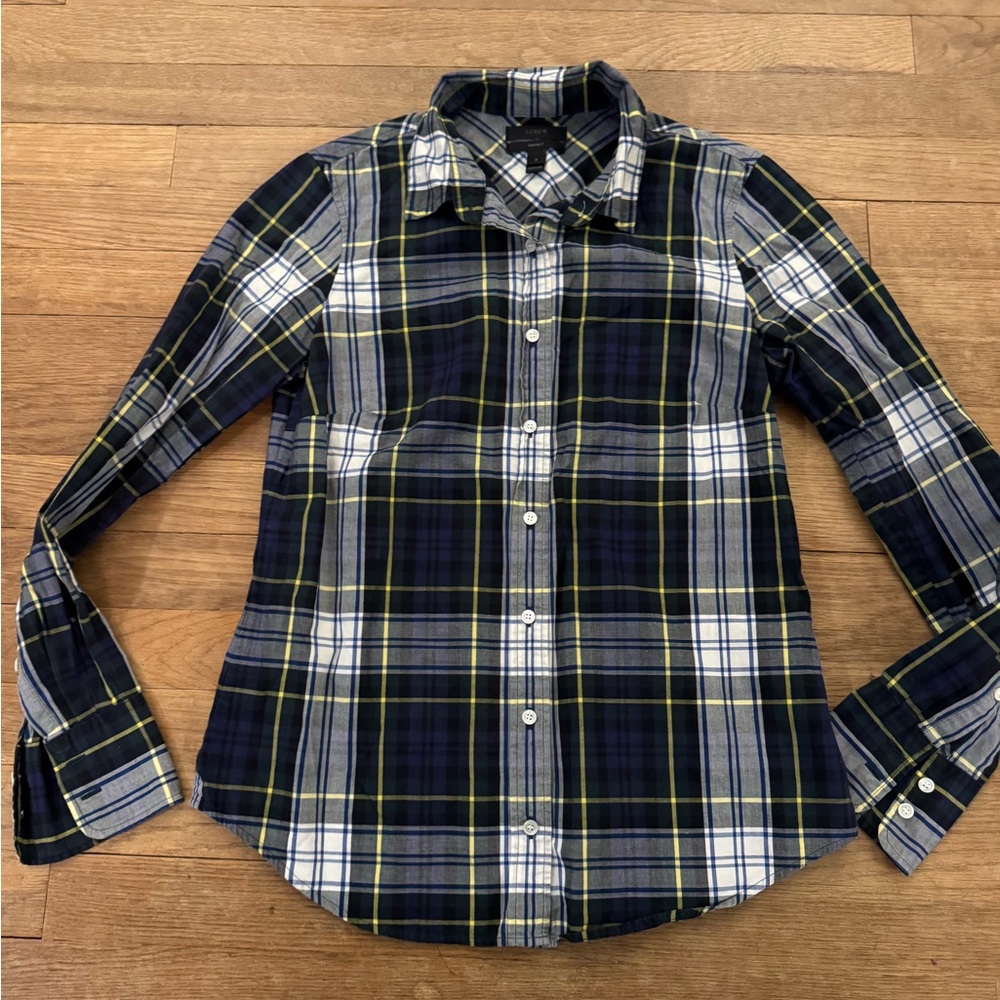 J. Crew navy green plaid button-down long sleeve shirt top size 2
 b63